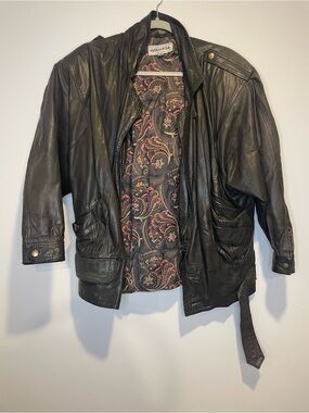 Vintage Black Leather Moto Jacket with Paisley Lining